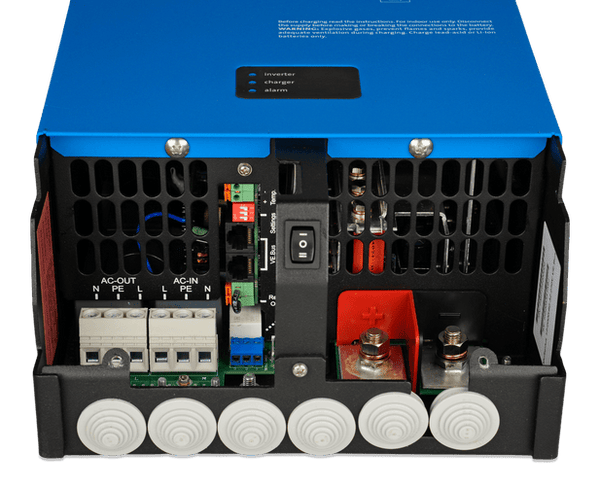Open bottom view of MultiPlus inverter charger showing internal connection terminals