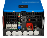Close-up of internal connection area for Victron MultiPlus showing AC and DC terminals