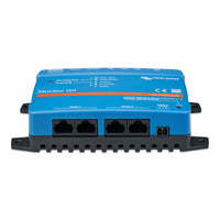 Side profile of blue Victron controller showing network ports and power terminal