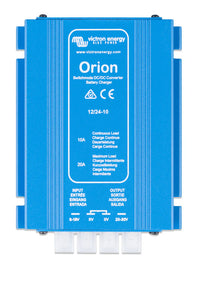 Top-down view of a blue Victron Orion 12V to 24V 10A DC-DC converter showing connection labels