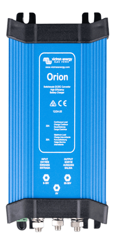 Front view of Victron Orion 12V to 24V 20A DC-DC converter in blue aluminium enclosure