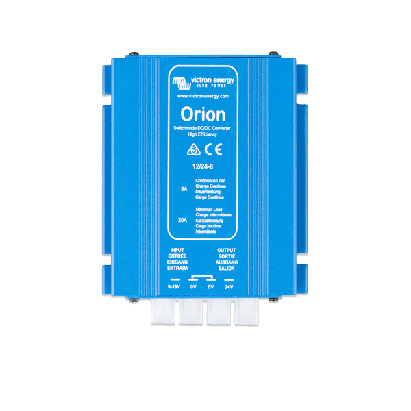 Top-down view of a blue 12V to 24V 8A DC-DC converter showing input and output terminals