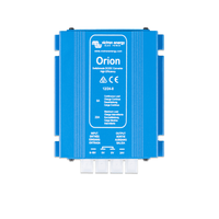 Top-down view of a blue 12V to 24V 8A DC-DC converter showing input and output terminals
