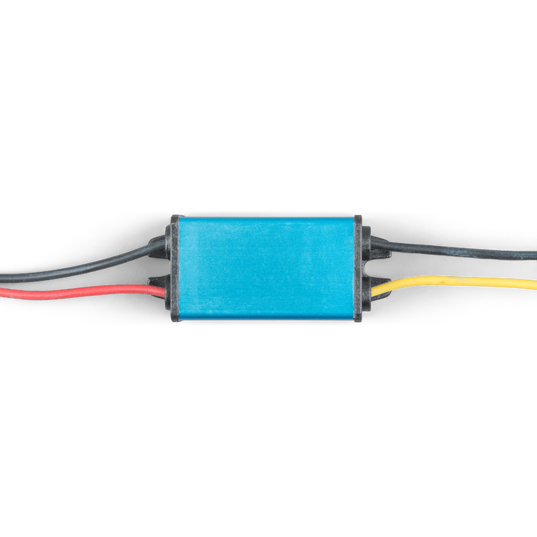 Close-up top-down view of the compact 24V to 12V 5A DC-DC converter