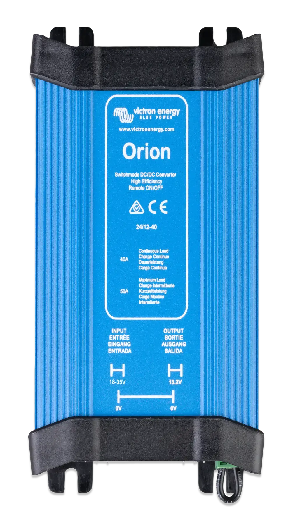 Top-down view of a blue Victron Orion 24V to 12V DC-DC converter with an aluminium heatsink casing