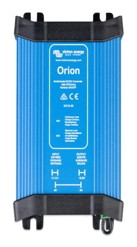 Top-down view of a blue Victron Orion 24V to 12V DC-DC converter with an aluminium heatsink casing