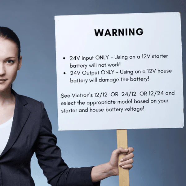 Warning banner for the 24V Orion-Tr charger indicating strictly 24V input and output use
