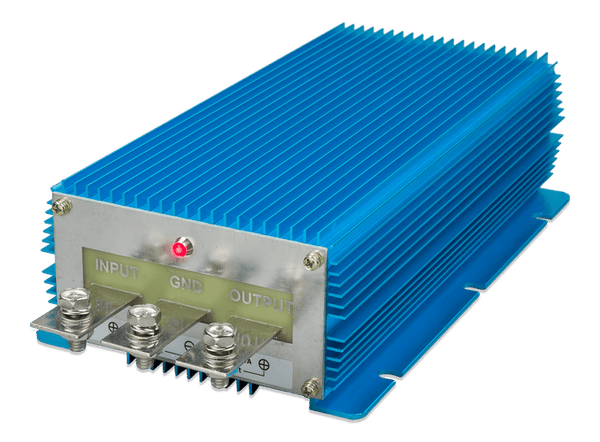 Isometric view of the blue Orion DC-DC converter showing M6 bolt terminals and status LED