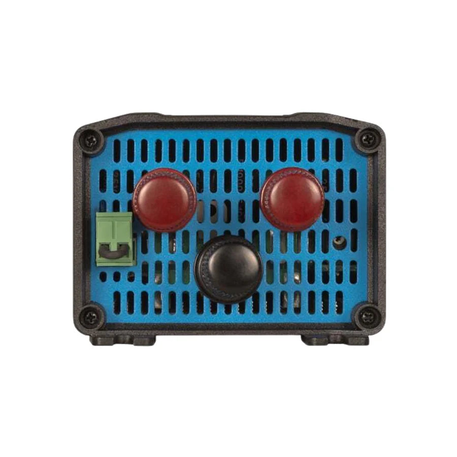 Front view of converter featuring red and black binding posts and remote on-off terminal block