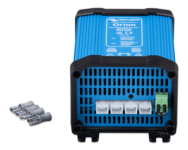 Angled view of the Victron Orion 24/12-25 converter with four included female spade connectors