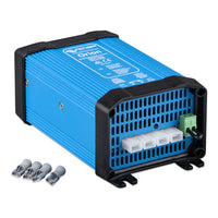 Front and side view of the Orion 24/12-25A converter with wiring accessories