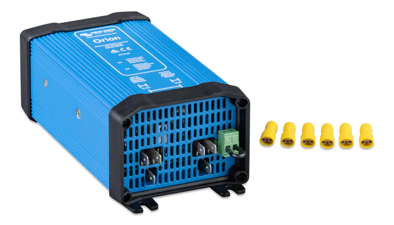 Side perspective of the Victron Orion 24V to 12V converter showing mounting slots and cooling vent layout