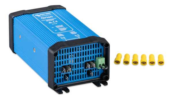 Side perspective of the Victron Orion 24V to 12V converter showing mounting slots and cooling vent layout