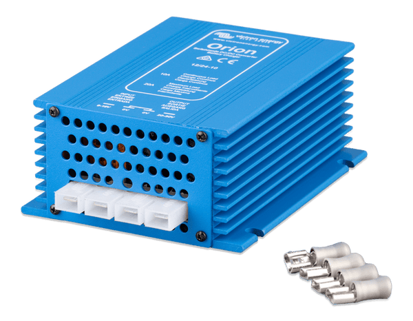 High angle side perspective of the blue Victron Orion DC-DC converter unit