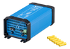 Angled front-left view of a blue Victron Orion DC-DC converter with included female Faston crimp connectors