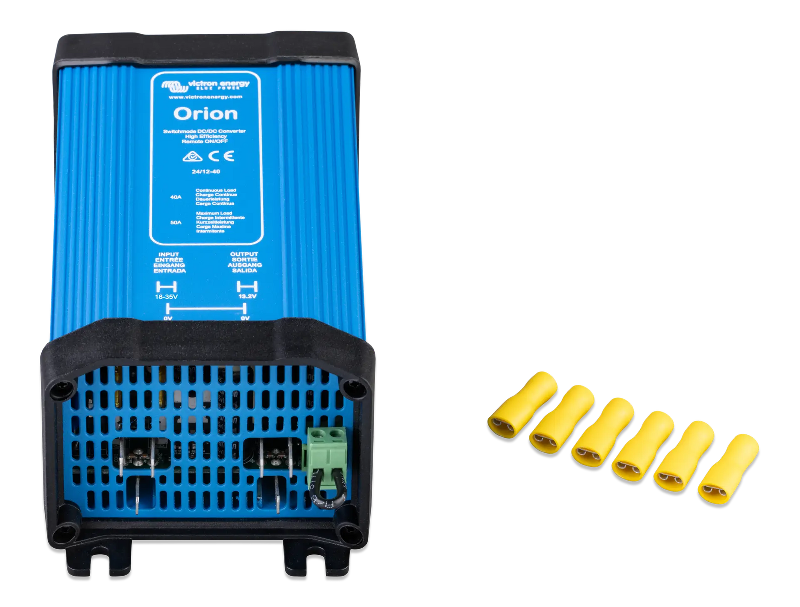 Front view of Victron Orion DC-DC converter showing cooling vents, Faston terminals, and yellow crimp connectors
