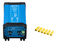 Front view of Victron Orion DC-DC converter showing cooling vents, Faston terminals, and yellow crimp connectors