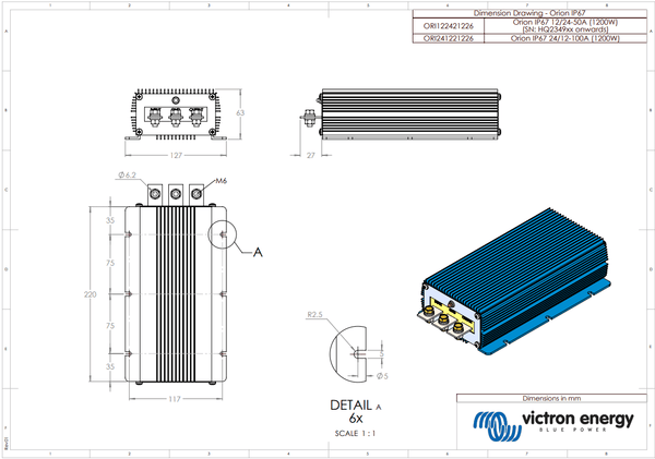 Dimensional drawing of Orion IP67 24/12-100A converter with measurements in millimetres