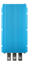 Top view of a blue Victron Orion IP67 12V to 24V DC-DC converter with ribbed aluminium heat sink