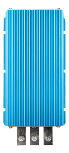 Top view of a blue Victron Orion IP67 12V to 24V DC-DC converter with ribbed aluminium heat sink