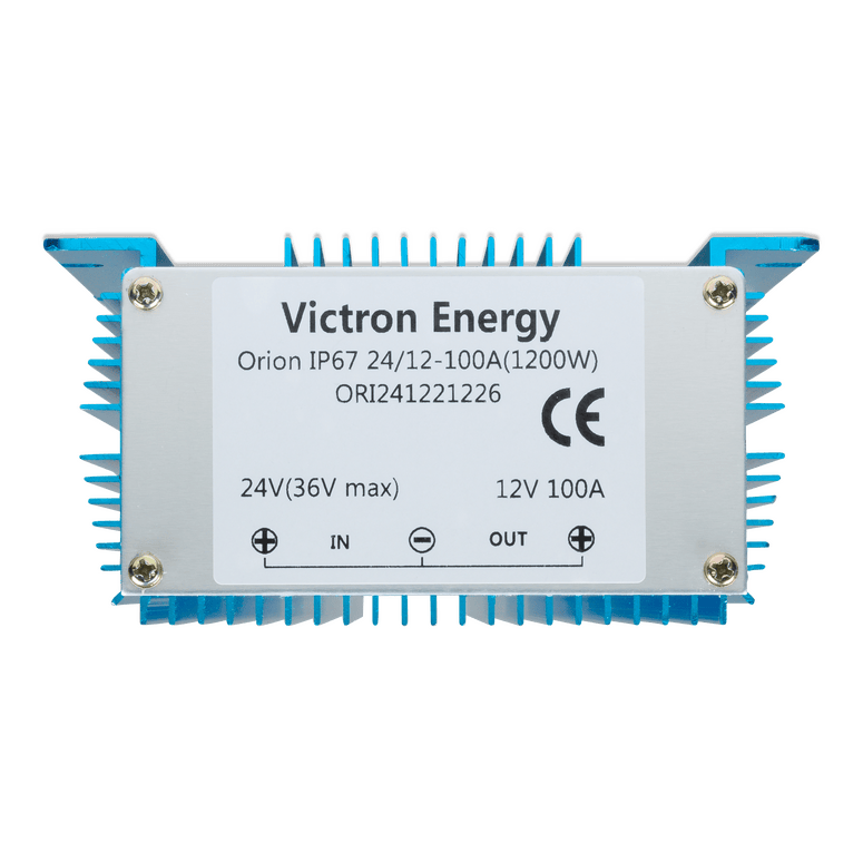 Product label for Victron Orion converter showing 1200W rating and connection diagram