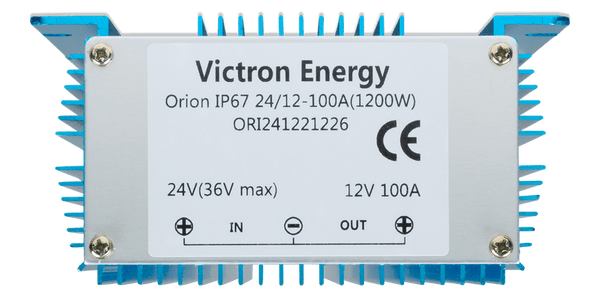Product label for Victron Orion converter showing 1200W rating and connection diagram
