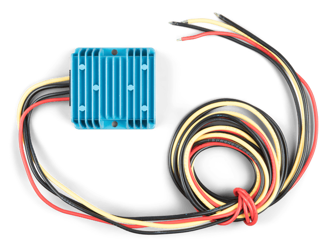 Top-down view of Victron Orion 24/12-10A IP67 DC-DC converter with integrated cooling fins and pre-wired cables