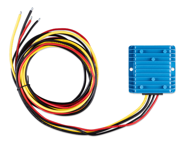 Top-down view of blue Victron Orion IP67 24/12-20 DC-DC converter with coiled cables