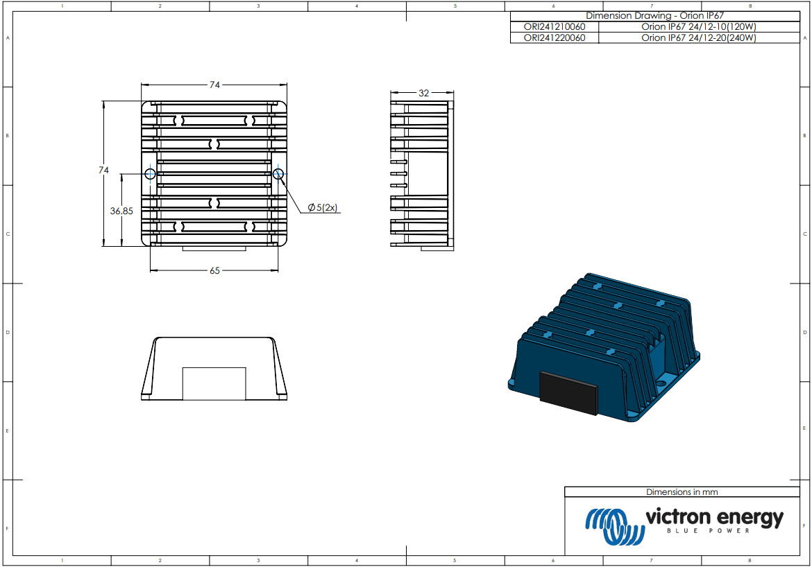 Technical dimensional drawing for the Victron Orion IP67 24/12-20 converter