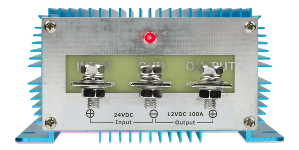 Front terminal view of DC-DC converter showing input, ground and output bolt connections