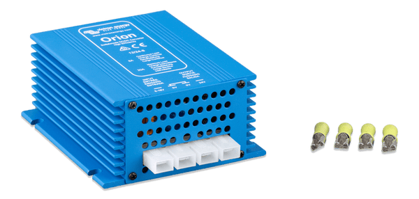 Angled view of a blue Victron Orion power converter with cooling fins and terminal block