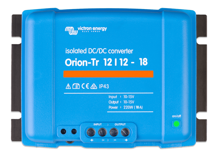 Top-down view of Victron Orion-Tr 12V 18A isolated DC-DC converter showing terminals and status LED