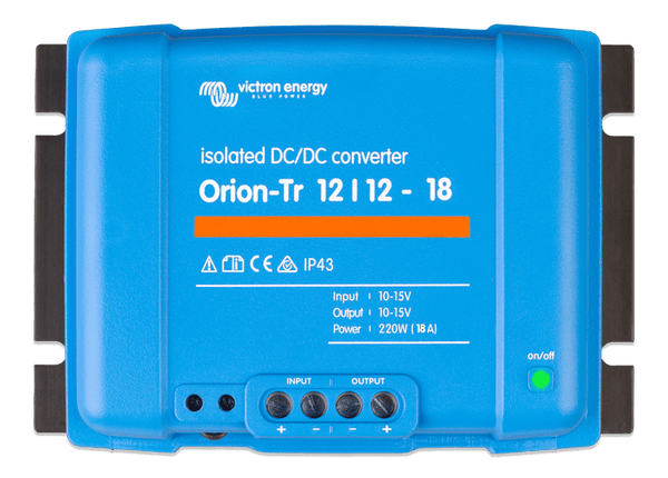 Top-down view of Victron Orion-Tr 12V 18A isolated DC-DC converter showing terminals and status LED