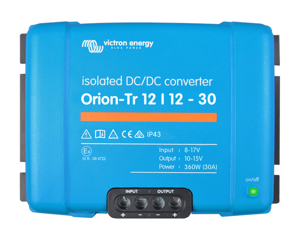 Front view of blue Victron Orion-Tr 12/12-30A isolated DC-DC converter with screw terminals