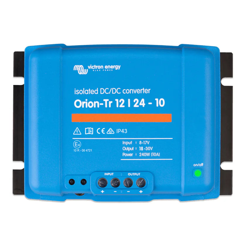 Front view of the blue Victron Orion-Tr 12 to 24V isolated DC-DC converter with terminal markings