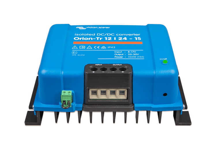 Angled front view of Victron Orion-Tr 12-24-15 isolated DC-DC converter