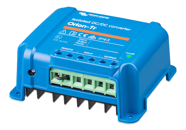 Perspective side view of the blue Victron Orion-Tr DC-DC converter with heatsink base visible