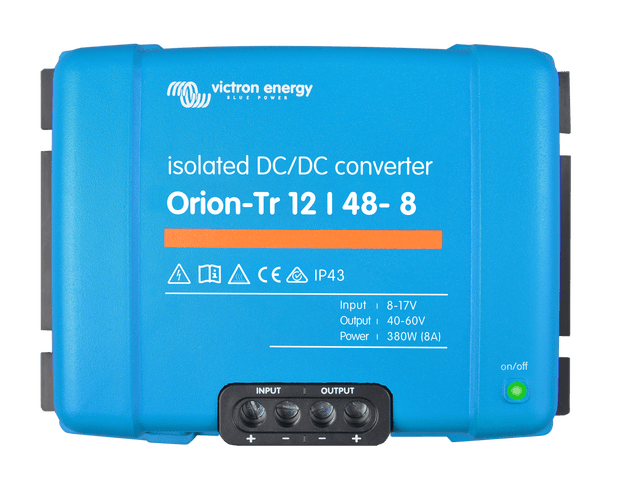 Front view of a blue Victron Orion-Tr 12/48-8 isolated DC-DC converter showing technical labels
