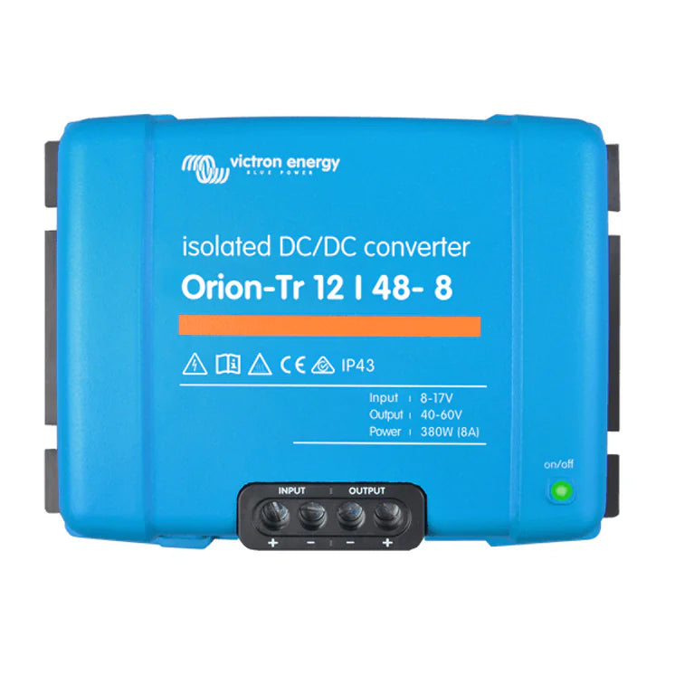Front view of a blue Victron Orion-Tr 12/48-8 isolated DC-DC converter showing technical labels