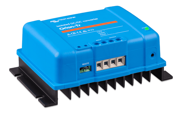 Angled view of blue Victron DC-DC converter enclosure with mounting flanges