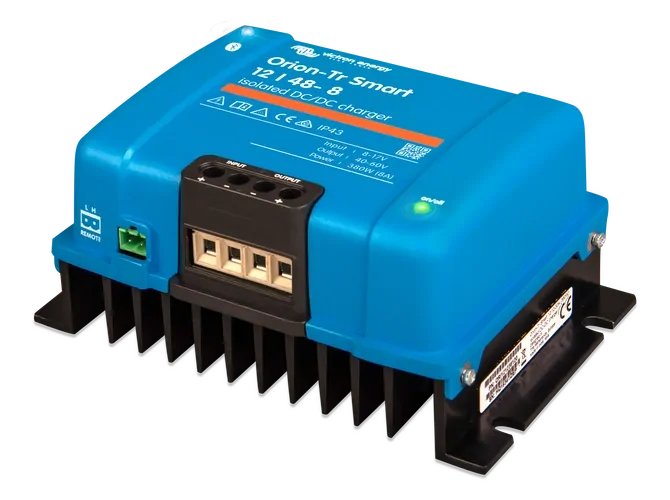 Perspective view of Victron 12V to 48V charger showing screw terminals and aluminium heat sink