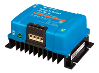 Perspective view of Victron 12V to 48V charger showing screw terminals and aluminium heat sink