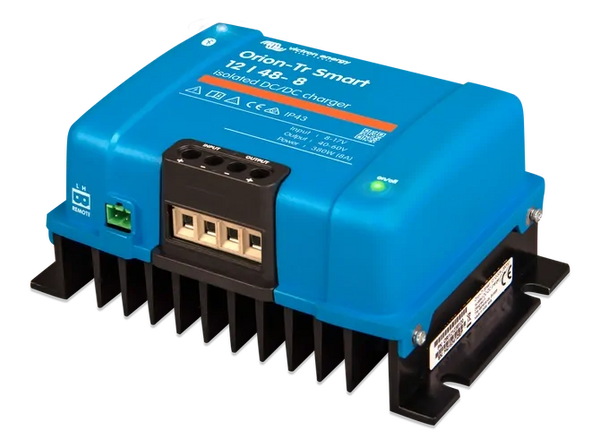 Perspective view of Victron 12V to 48V charger showing screw terminals and aluminium heat sink