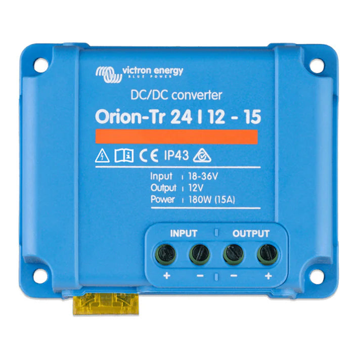 Top-down view of Victron Orion-Tr 24/12-15A DC-DC converter showing screw terminals