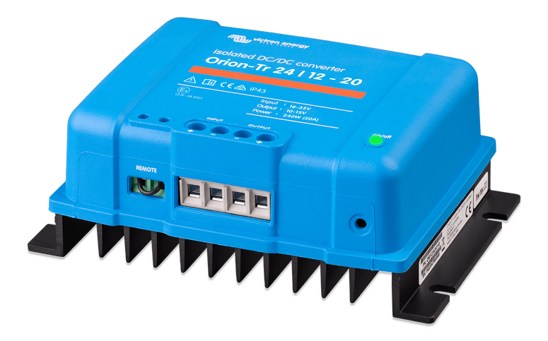Right side angled view of the Victron Orion-Tr isolated converter showing heatsink and chassis