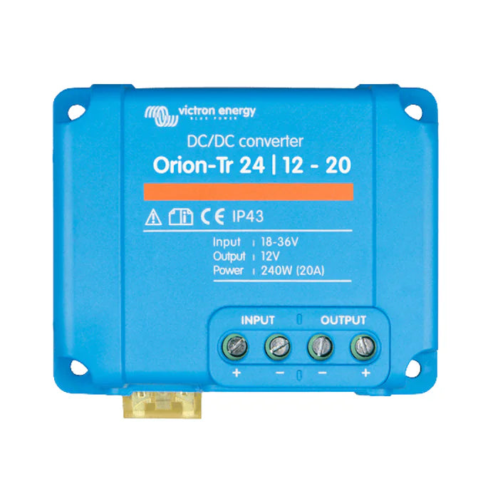 Front view of Victron Orion-Tr 24/12-20A DC-DC converter showing input and output terminals