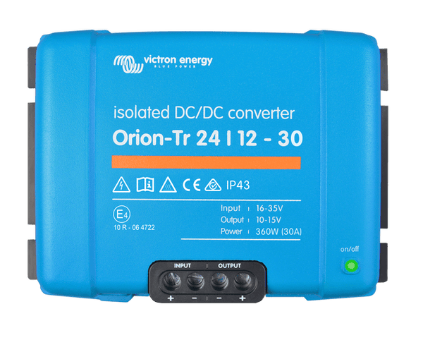 Victron Orion-Tr 24/12-30 isolated DC-DC converter with blue casing and screw terminals