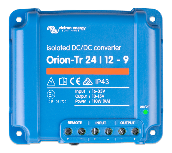 Top view of Victron Orion-Tr 24/12-9A isolated DC-DC converter with blue casing