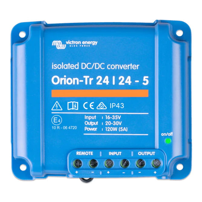 Front view of Victron Orion-Tr 24/24-5A isolated DC-DC converter with IP43 rating and status LED