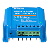 Angled view of blue DC-DC converter showing terminal block and green status LED